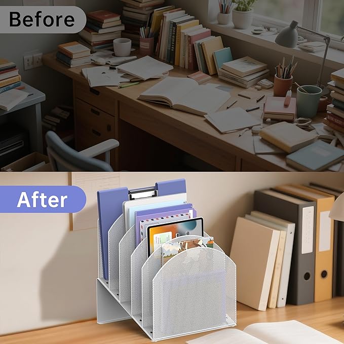 5-Section Desk File Organizer, Vertical File Organizer for Desk, Mesh Mail Holder for Letter Size Folders, White