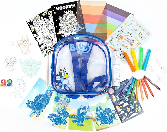 Bluey Ultimate Activity Backpack, 10+ Activities, Includes Backpack with 4 Sticker Suncatchers with 4 Suction Cups, 4 Surprise Scratch Arts, 2 Velv-its Posters, 1 Coloring Roll, 4 Markers, Kid Gifts