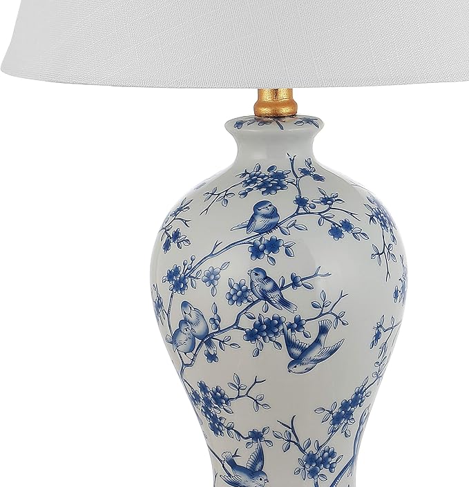 JONATHAN Y 24" Blue/White French Country Ceramic Floral Urn Table Lamp, White Linen Shade, Chinoiserie Ginger Jar Bedside Lamp for Living Room Bedroom, LED Bulb (JYL3009B)