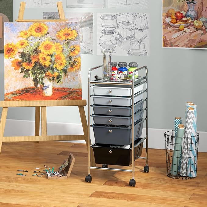 COSTWAY 6-Drawer Rolling Storage Cart, Multifunctional Art Craft Tools Organizer on Wheels, Heavy Duty Utility Mobile Storage Trolley w/ 2 Lockable Wheels for Home Office School, Mixed Black