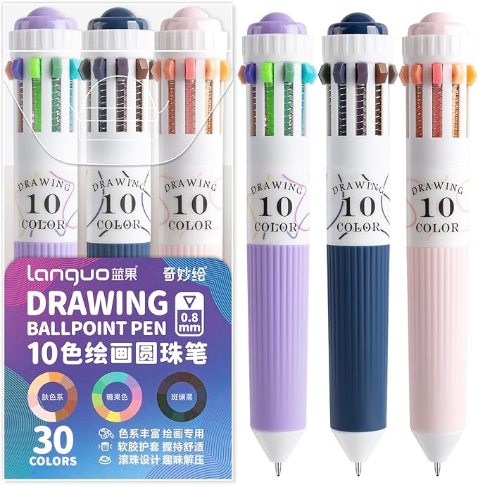 3 Park Multicolor Pens, 10-in-1 Colored Ballpoint Pen, 28 Colors, 0.8mm Fine Point Smooth Writing, Retractable Ballpoint Pens for Office School Students Children