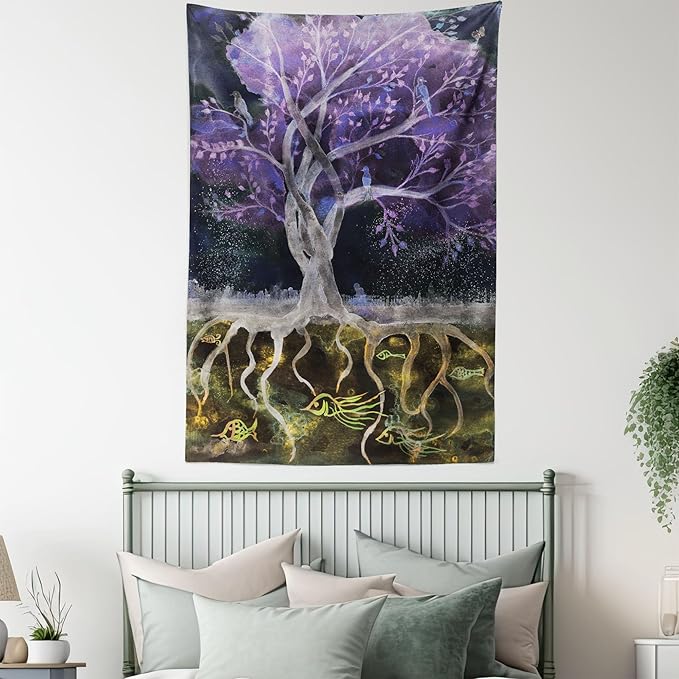 Ambesonne Tree of Life Tapestry Twin Size, Psychedelic Mysterious Nature at Night Birds and Fishes Home Art, Wall Hanging Bedspread Bed Cover Wall Decor, 68" X 88", Purple Black