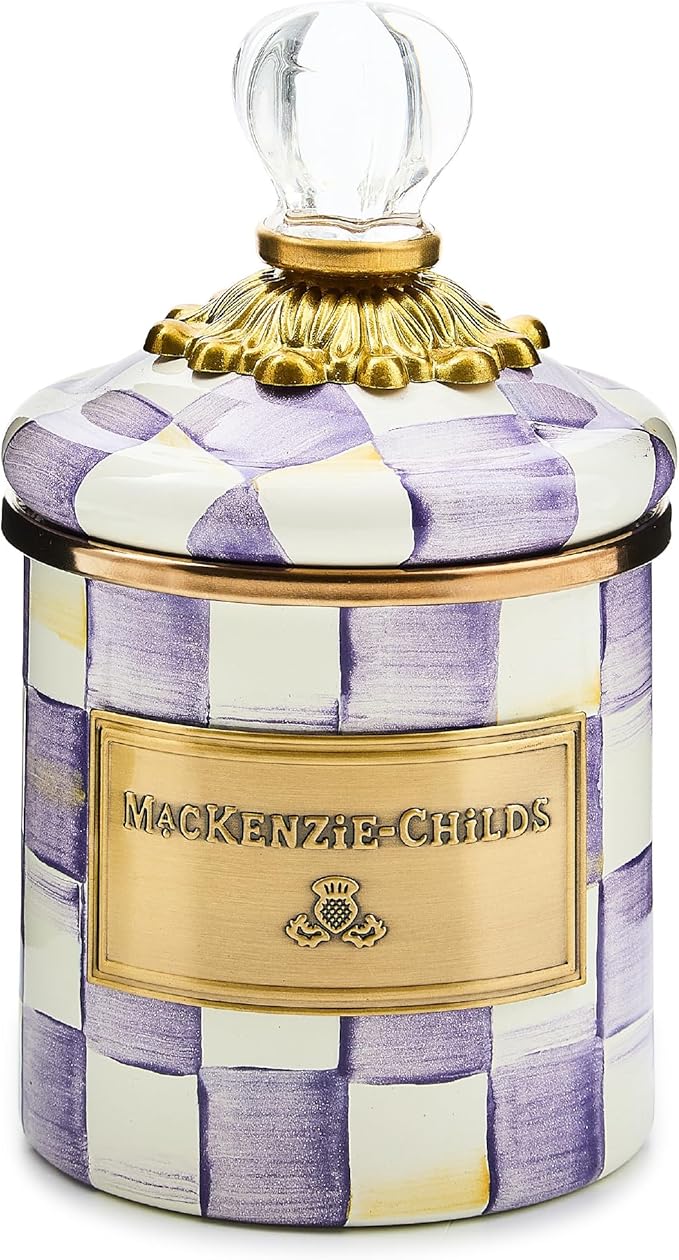 MACKENZIE-CHILDS Enamel Canister, Kitchen Storage Container with Lid, Mini, Purple-and-White Violet Check