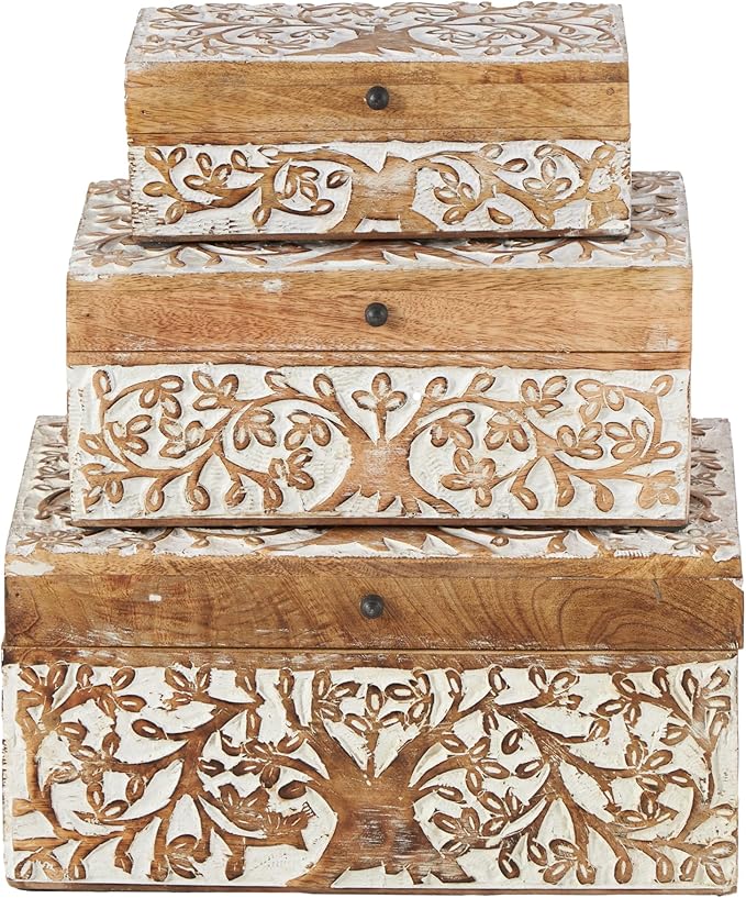Deco 79 Mango Wood Floral Decorative Box Decorative Keepsake Boxes with Hinged Lid, Set of 3 Storage Boxes 8", 10", 12"W, Brown