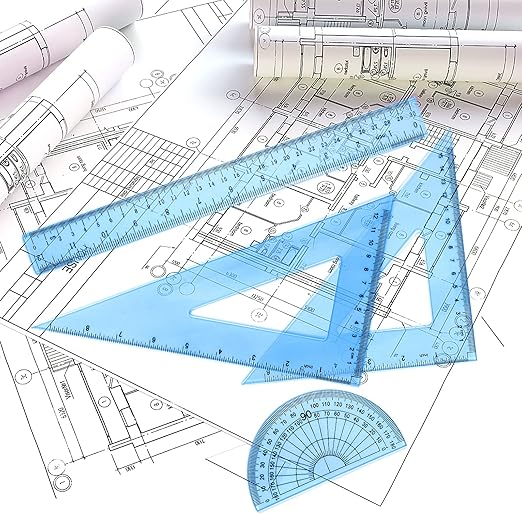 Coopay 12 Inch Math Geometry Tool Plastic Ruler Square Set Includes Straight Ruler, Triangles, Protractor for Student School Office Supplies (Blue)