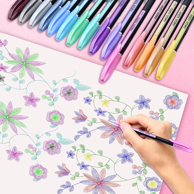 60 Colors Gel Pens Gel Pen Set for Adult Coloring, Metallic Glitter Pens & Gel Ink Pens for Journaling, Drawing, Cute Journal Pens Colored Gel Pens for Black Paper Writing
