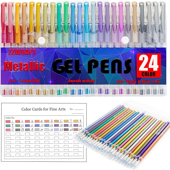 Metallic Gel Pens,72 Color Gel Pens Set including 24 Color Gel Pen with 48 Refills,40% More Ink Colored Gel Pens for Adult Drawing, Doodling, Scrapbook, Journaling