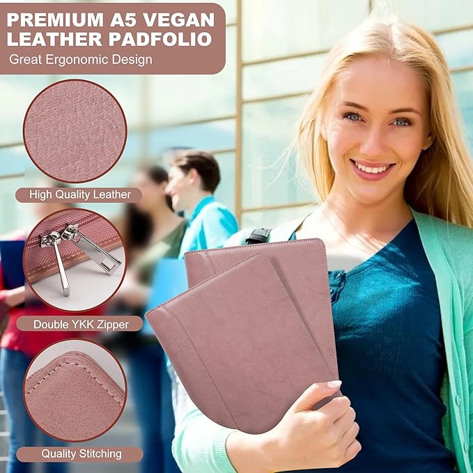 KISSKI A5 Planner Binder Padfolio for Women, Small 6 Ring Resume Folders for Interview, Vegan Leather Portfolio Organizer Folio with Zipper and 1pc A5 Notepad, Business Card/Pen Holder, Gifts, Pink