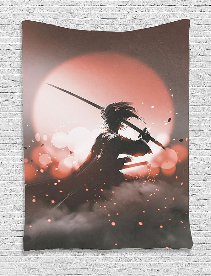 Ambesonne Japanese Tapestry, Reflection of Samurai Practicing Sunset Background Free from Death Concept, Wall Hanging for Bedroom Living Room Dorm Decor, 40" X 60", Salmon Umber