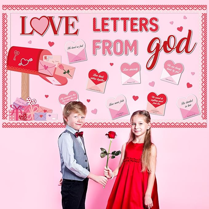Valentine's Day Christian Bulletin Board Set Valentine's Day Religious Jesus Bible Verse Classroom Decorations Love Letters from God Paper Cutouts for Church School Home Chalkboard Wall Door Decor