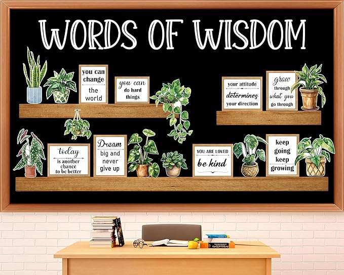 Greenery Bookshelf Bulletin Board Set Plant Motivational Classroom Decor Inspirational Quote Frame Potted Plant Cutout for Back to School Spring Party Home Office Reading Library Chalkboard Wall Decor