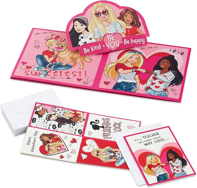 Hallmark Barbie Valentines Day Cards and Mailbox for Kids School Classroom Exchange (1 Box, 32 Valentine Cards, 1 Teacher Card)