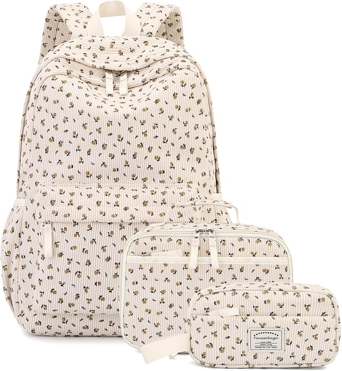 Backpack for Girls Boy Teen Corduroy Bookbags Elementary Middle High School Women Laptop Bag with Lunch Box Pencil Bag (Flower Beige)