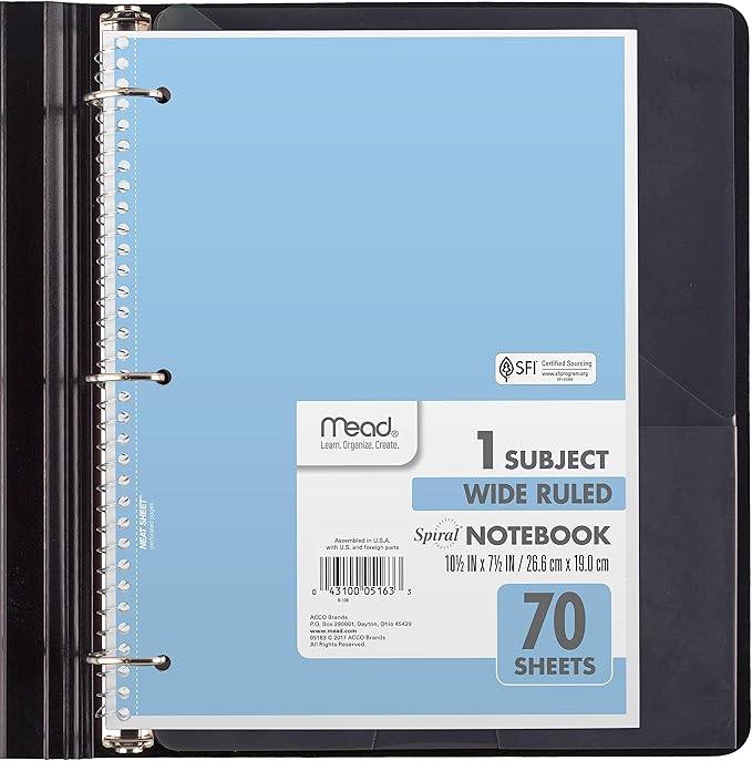 Mead Spiral Notebook,1 Subject,Wide Ruled Paper,7-1/2" x 10-1/2",70 Sheets per Notebook,Assorted Pastel Colors (930050-ECM),(Pack of 24)