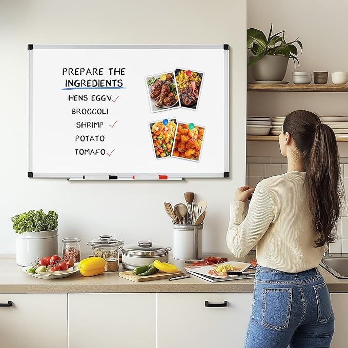 DUMOS Magnetic White Board Kit for Wall 48" x 32", Dry Erase Board with 1 Dry Eraser & 2 Multicolor Markers & 4 Magnetic Pins, Silver Reinforced Aluminum Frame for Home, School, Office