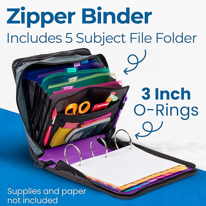 Case-it Mighty Zip Tab School Zipper Binder | 3-Inch O-Rings, 600-Sheet Capacity, 5-Subject Expanding File Folder, Multiple Pockets & Storage Organizer, Shoulder Strap | D-146 Deep Purple