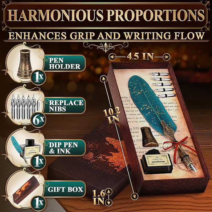 Turquoise Feather Quill Pen and Ink Set – Stainless Steel Dip Pen with 5 Nibs, Non-Slip Grip, Stand & Gift Box – Vintage Quill and Ink Set for Signing, Writing Calligraphy Kit, Elegant Writer Gift