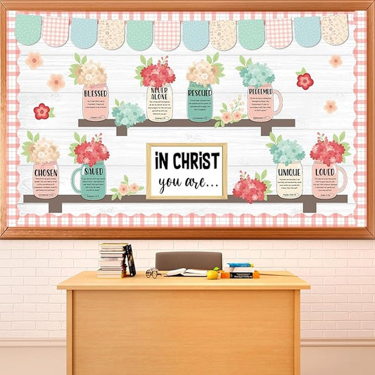 Spring Christian Religious Bulletin Board Set Christian Floral Classroom Decorations Colored Flowers and Vases Bookshelf Paper Cutouts for Sunday School Church Office Home Chalkboard Wall Door Decor
