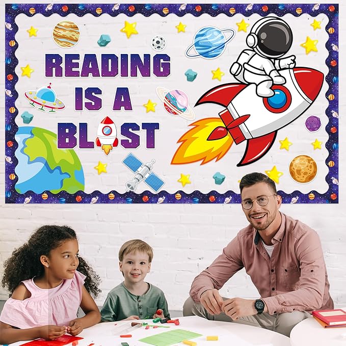 Outer Space Astronaut Bulletin Board Decorations Space Theme Classroom Bulletin Board Set Galaxy Borders Reading is A Blast Adventure Star Cutouts Back to School Preschool Chalkboard Wall Supplies