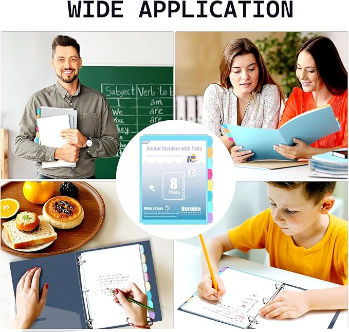 8 Tab Plastic Dividers for 3 Ring Binders, Write & Erase, Tabbed File Dividers with Tabs, Fits 8.5X 11'' Letter Size Paper, Assorted Color, 3 Set