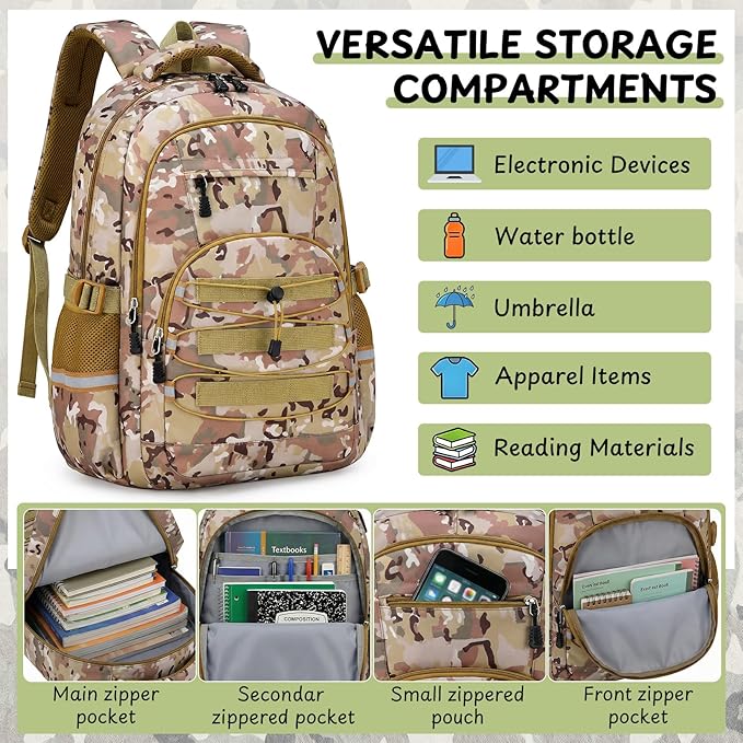 School Backpacks for Boys - 4pcs Camo Boys Backpacks with Lunch Box Set for Kids Teens Elementary Middle School, 18″ Large Capacity Students Bookbag, Perfect for Travel