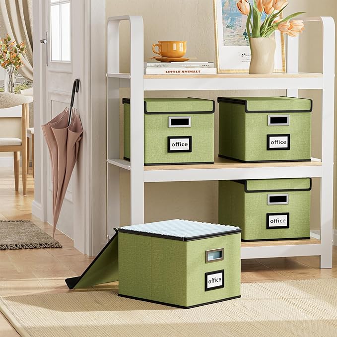 Huolewa File Organizer Boxes with Lids, Linen Hanging Filing & Storage Box with Plastic Slide for Office/Decor/Home, Universal Hanging Filing Organization Box for Letter/Legal Folder