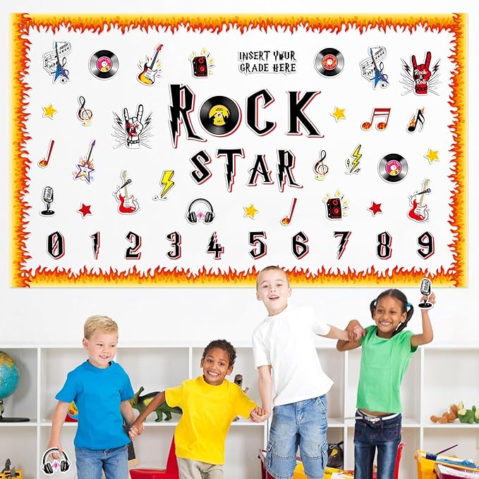 109 Pcs Music Bulletin Board Set Rocking Star Theme Classroom Decorations Disco Guitar Music Records Paper Cutouts for School Window Chalkboard Wall Door Decor Supplies