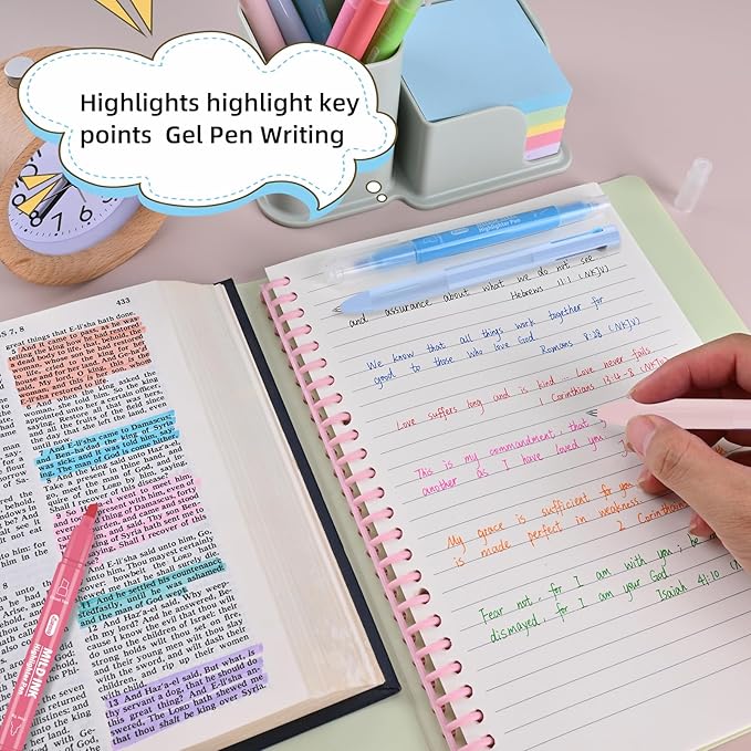 Dual Tip Aesthetic Highlighters 8 Colors and 2 Pcs 3 in 1 Multicolor Gel Pens 6 Colors Ink, Chisel & Fine Tips, No Bleed, Cute Bible Highlighters Assorted Colors for Journaling Textbook
