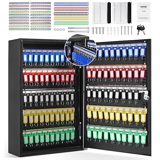 VEVOR 200-Key Cabinet, Key Lock Box with Adjustable Racks, Security Key Storage Box Steel, Key Organizer with 200 Colorful Key Tags and 4 Record Cards for School, Office, Hotel