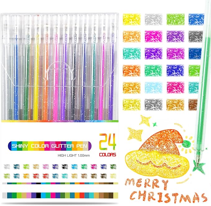 SAYEEC Glitter Gel Pens, 24 Colored Metallic Gel Pens Set, 1.0mm Super Sparkle Gel Ink Pens, Art Glitter Paint Markers for Adult Coloring Books Scrapbook Journaling Drawing Doodling Note Taking Crafts