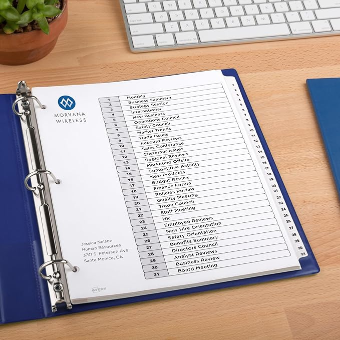 Avery 1-31 Dividers for 3 Ring Binders, 31 Tabs per Set, Customizable Table of Contents, Classic White Tabs, Great for Organizing Reports, Projects, and More (11128)