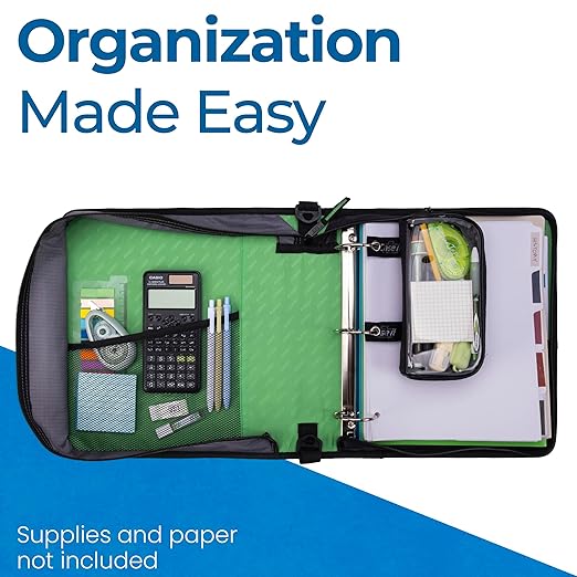 Case-it Classic Zipper Binder | 2-Inch O-Rings, 350 Sheet Capacity, Multiple Storage Pockets & Shoulder Strap | School & Office Organizer | D-251 Canopy Green | 6 Pack
