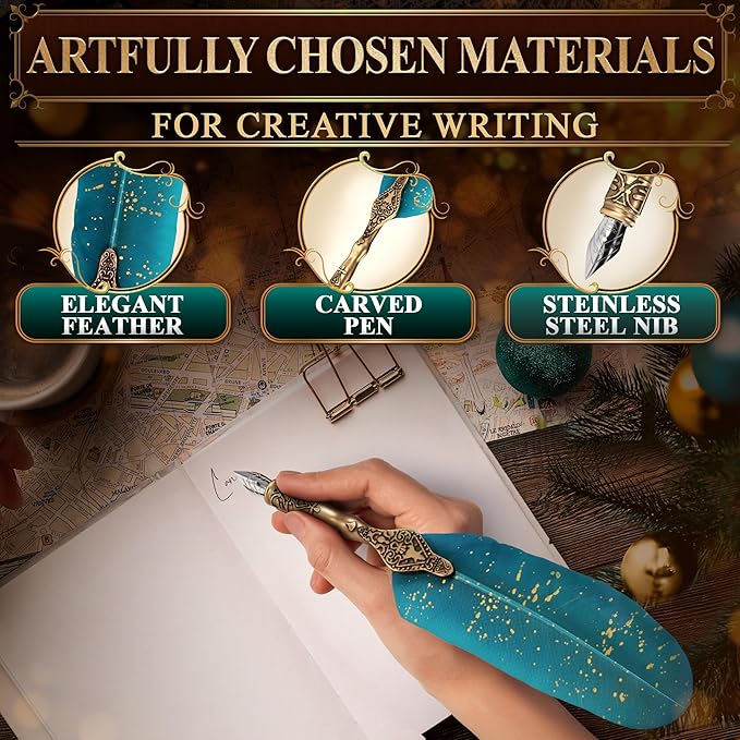 Feather Quill Pen and Ink Set – Stainless Steel Dip Pen Writing Quill and Ink Set with 5 Replacement Nibs, Non-Slip Knurled Grip, Display Stand and Elegant Gift Box – Calligraphy Gift Set (Turquoise)