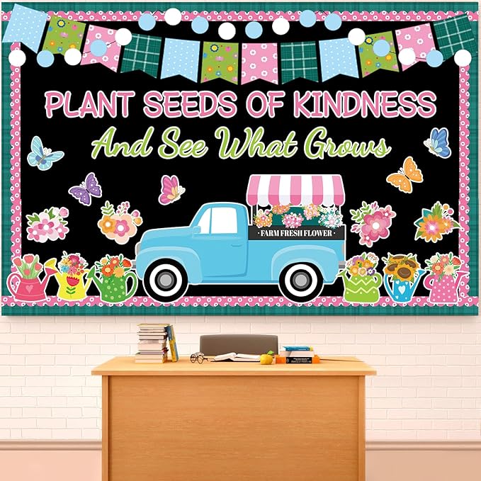 Spring Bulletin Board for Classroom Decoration Plant Kindness Spring Truck Flower Bulletin Board Set Floral Butterfly Cutouts for Back to School Office Chalkboard Wall Teacher Decor