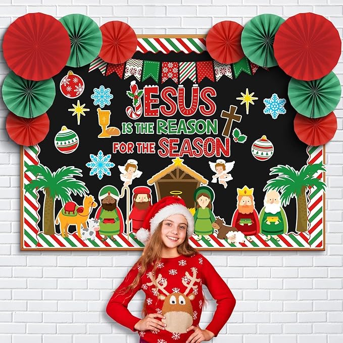 Eersida Spring Bulletin Board Decorations with Paper Fans St Patricks Day 3D Classroom Bulletin Board Christian Easter Flower Bunny Cutouts School VBS Library Church Window Wall Decor(Nativity)