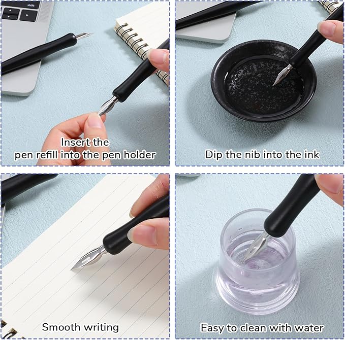 14 Pcs Dip Pen Set Comic Pen Nib Set 12 Stainless Steel Pens Nibs with 2 Wooden Drawing Pens Holder G-Pen Ink Nib for Calligraphy, Comics, Signatures, Drawings (Black)