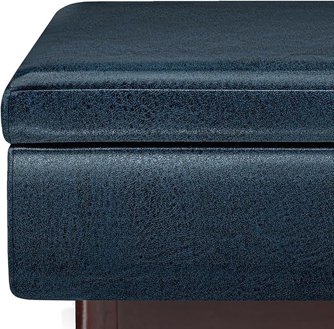 SIMPLIHOME Owen Coffee Table Storage Ottoman - 34 inch Wide Upholstered Vegan Leather Rectangular Lift-Top Ottoman in Distressed Dark Blue, Mid-Century Modern Bench for Living Room with Tapered Legs
