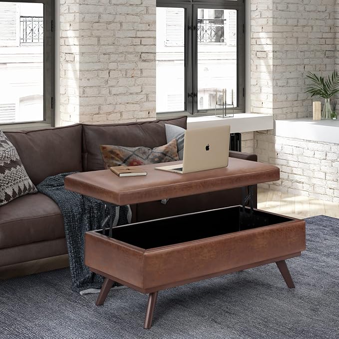 SIMPLIHOME Owen Lift Top Coffee Table Storage Ottoman - 42 inch Wide Upholstered Vegan Leather Rectangular Lift-Top Ottoman in Distressed Saddle Brown, Mid-Century Modern Ottoman for Living Room