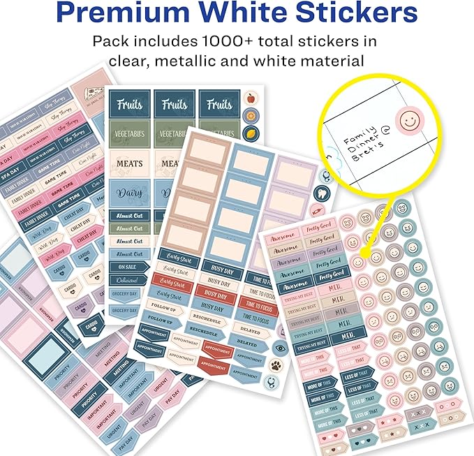 Avery Productivity Planner Sticker Pack, Calendar, Bullet Journaling, and Productivity, Great for to-Dos, Meetings, Budget, and More, 15 Sheets, 1,094 Planner Stickers (6777)
