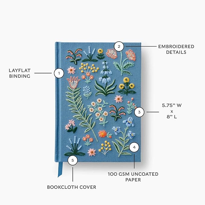 RIFLE PAPER CO. Menagerie Garden Embroidered Journal | 400 Ruled Pages, Cloth Cover with Floral Embroidery & Grosgrain Ribbon Bookmark, Lay-Flat Binding, 8" L x 5.75" W