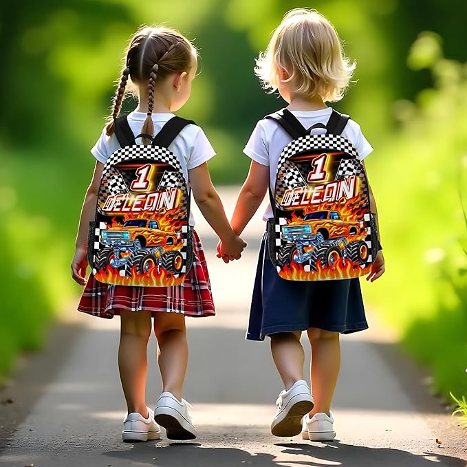 Custom Kids Truck Backpack with Lunch Box Personalized Name Bookbag for Boys Back to School Backpacks for Elementary Middle School