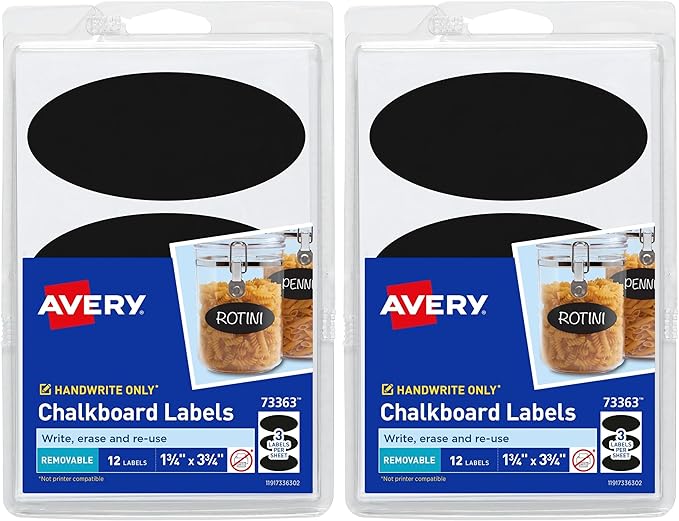 Avery Chalkboard Labels, 1-3/4" x 3-3/4" Removable Labels, Black, Non-Printable, 12 Oval Labels Total (73363) (Pack of 2)
