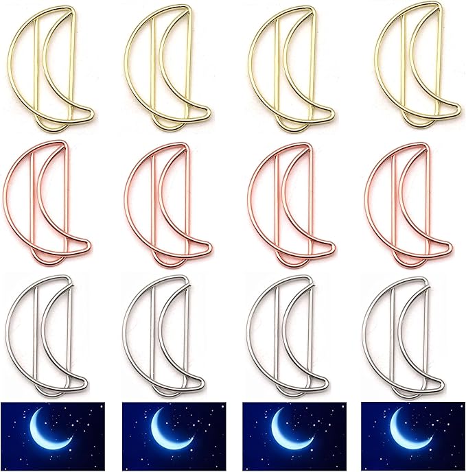 24 Pcs Metal Moon-Shaped Paper Clips Set in Gold, Silver, & Rose Gold - Cute Paperclips for Office and School File Organization, Party, and Wedding Decor