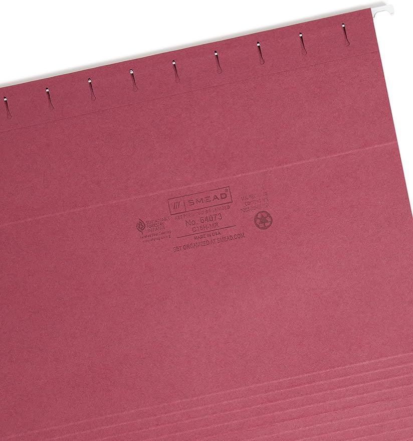 Smead Colored Hanging File Folder with Tab, 1/5-Cut Adjustable Tab, Letter Size, Maroon, 25 per Box (64073) (Pack of 1)