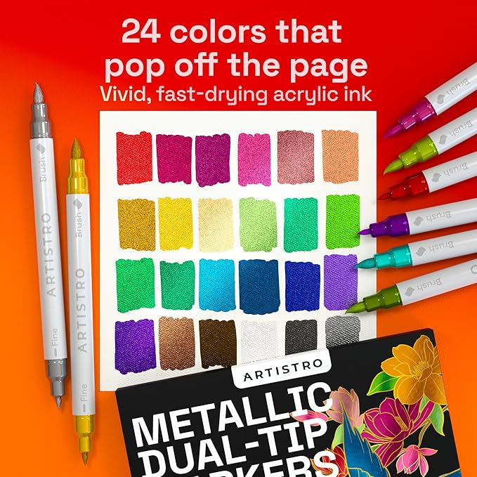 ARTISTRO 24 Metallic Acrylic Paint Markers - Paint Pens for Calligraphy, Brush + Fine Tips - Vision Board Supplies - Kit for Scrapbooking and Journaling - Art Supplies for Adults, Teens, Kids