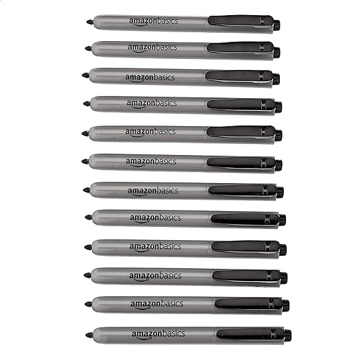 Amazon Basics Retractable Permanent Markers, Quick Drying Fade Resistant Ink, Versatile Art Supplies for Drawing, Black, 12 Count