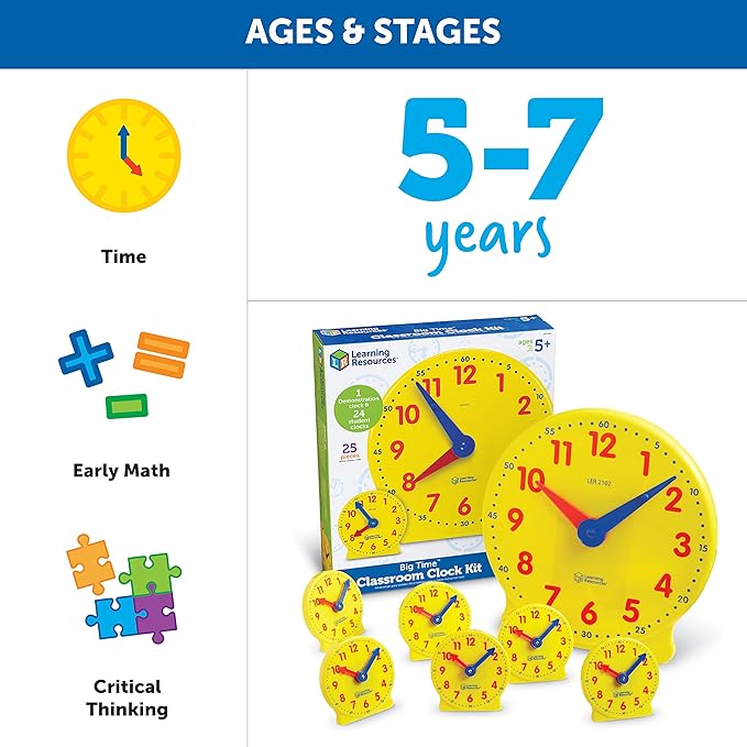 Learning Resources Classroom Clock Kit - Preschool Must Have, Teaching Time Activity , About Flash Time Cards, Montessori Toys, Math Manipulatives, Gifts for Boys and Girls, Toddler Activities
