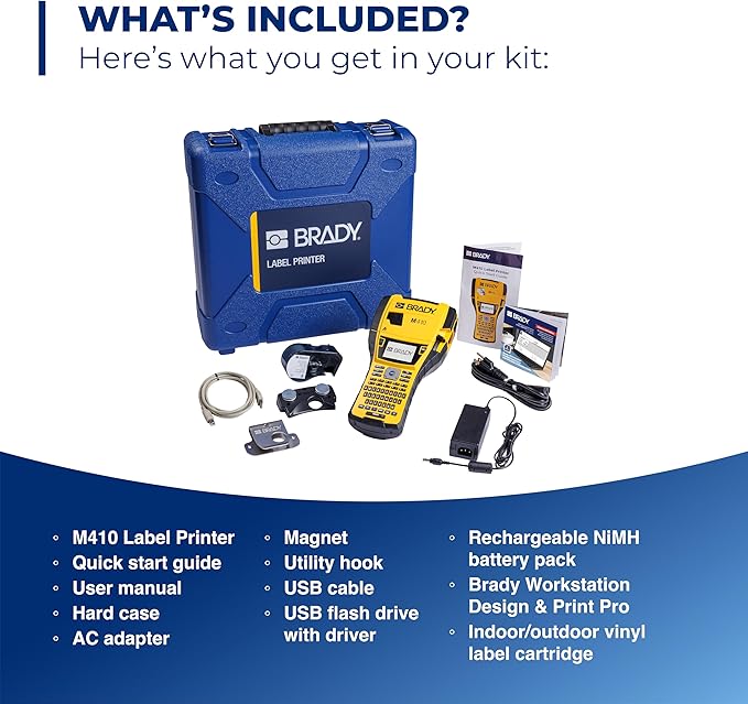 Brady M410 Handheld Portable Label Printer Kit with Product and Wire ID Software, Carrying Case, Rechargeable Battery and Charger, Magnetic and Utility Holders, 11.5" H x 6" W x 3.5" H
