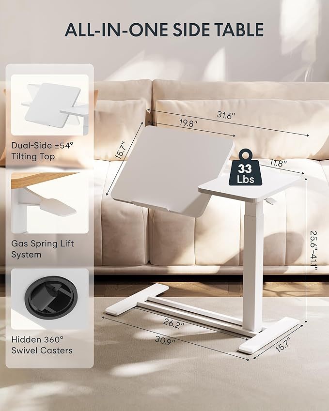 FLEXISPOT Adjustable Height C-Shaped End Table with Split Tilting Top – Mobile Side Table for Sofa & Bedside, Slides Under Furniture, Hidden Wheels for Small Spaces(31.6" W x 15.7" D,White)