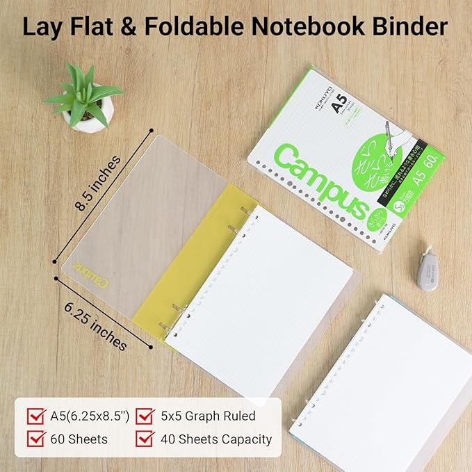 KOKUYO Campus 2x2 Spiral Binder Notebook Set, A5 Refillable Notebook + 60 Refill Papers with 5x5 Graph Ruled, 40 Sheet Capacity, Yellow, Perfect for Work, Study & Journal, Japan Import